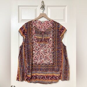 Lucky Brand Women’s Red Floral Short Sleeve Shirt Size 3X Southwestern Bohemian